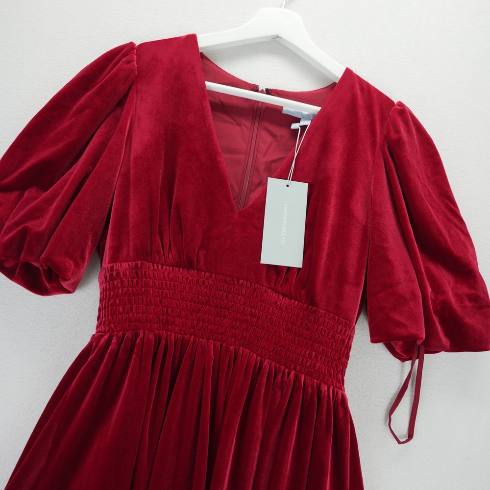 Antonio Melani‎ Red Velvet V-Neck Smocked Waist Ruffle Mini Dress Size 2 Holiday - Picture 9 of 15